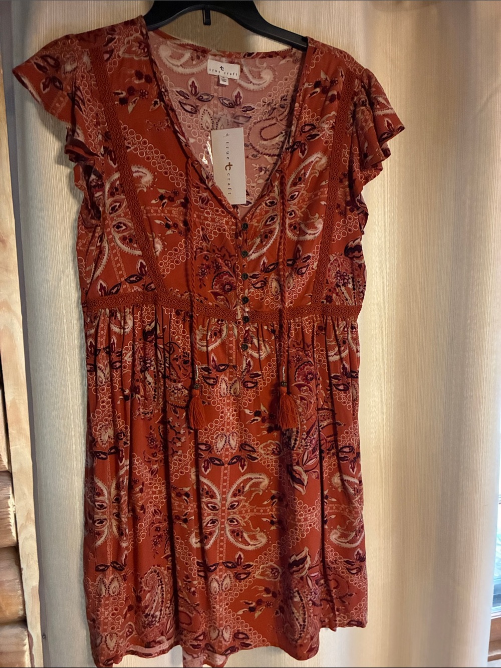 True Craft Rust Paisley Printed Short Sleeve Dress